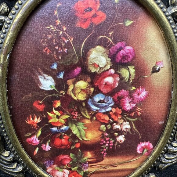 Vintage Italian Floral Pictures Ornate Metal Frames Wall Hangings Mid Century - Picture 6 of 8